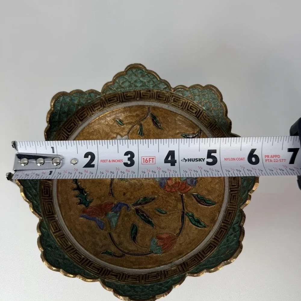 Colorful Cloisonné enamel bowl Scalloped With Floral & Greek Key Design